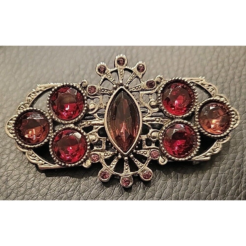 Vintage Red and Pink CZECH STYLE Crystal Glass Rhinestone Brooch Etched Backing - Picture 12 of 13